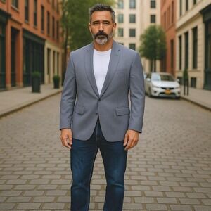 Andrew Fezza Mens 38 Blazer Jacket Light Gray Blue Silk Linen Made‎ Italy